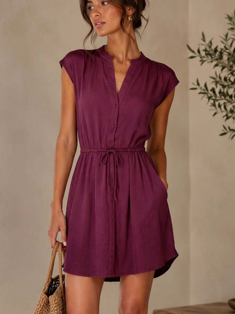 Burgundy Button Front Tie Waist Mini Dress XS Cap Sleeve V-Neck Casual Work‎